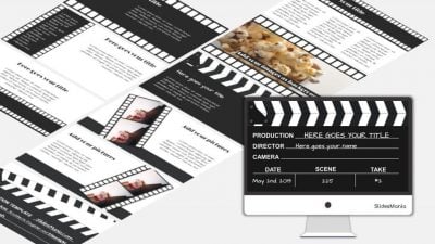 Black and white theme featuring filmstrips and clapperboards.